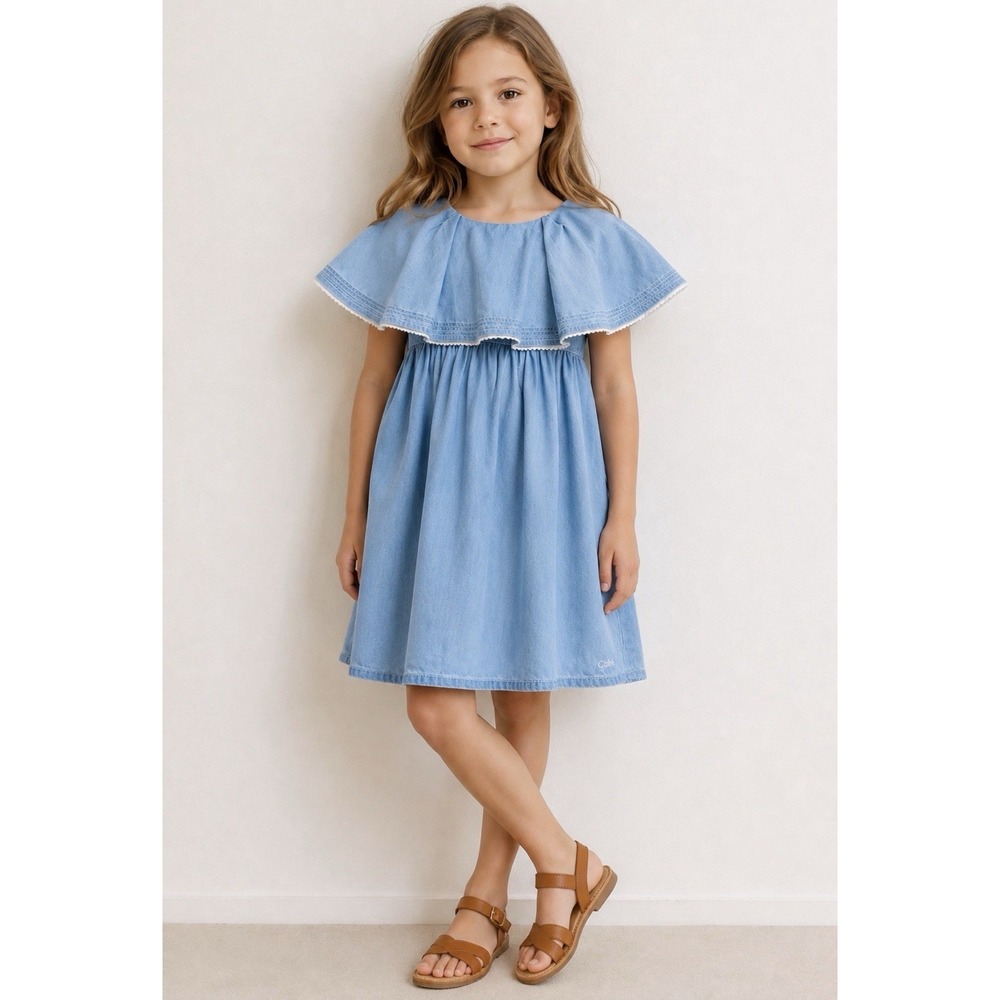 NEW! Chloé Paris Girls Chambray Dress Angel Sleeves Organic Cotton Blue SZ 8